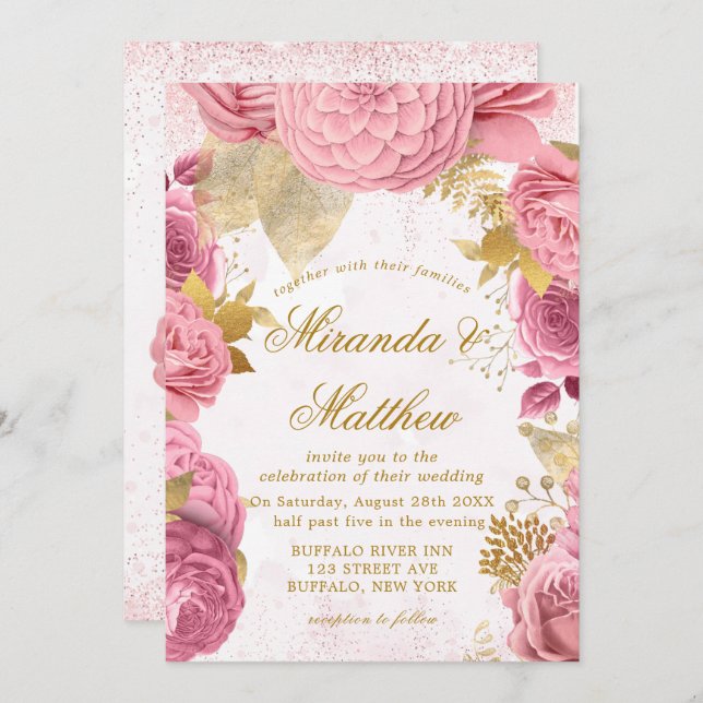 Blush Pink Gold Peony Glitzer Hochzeitseinladungen (Vorne/Hinten)