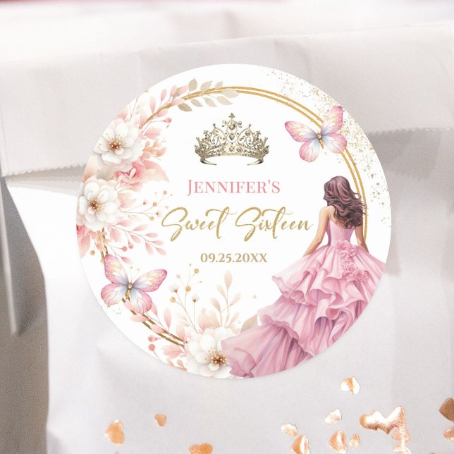 Blush Pink Gold Prinzessin Tiara Floral Sweet 16 Runder Aufkleber (Von Creator hochgeladen)