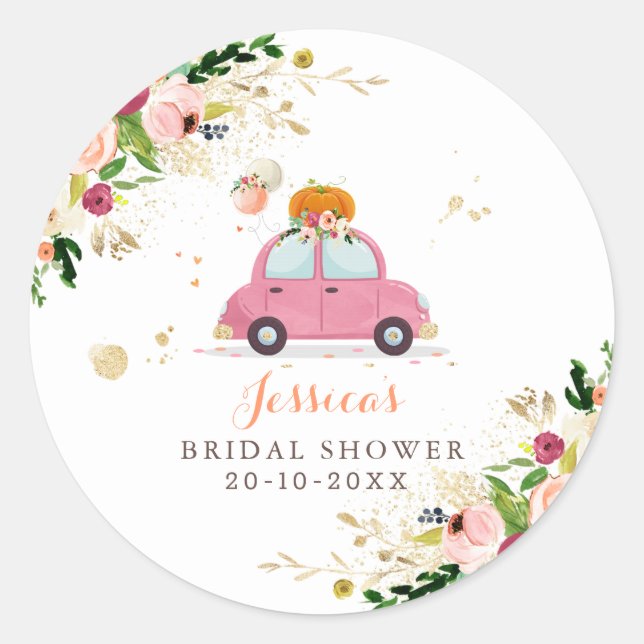 Blush Pink Gold Pumpkin Drive by Brautparty Runder Aufkleber (Vorderseite)