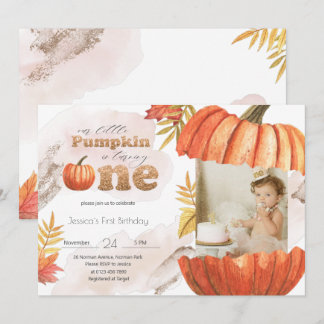 Blush Pink Gold Pumpkin erster Geburtstag mit Foto Einladung