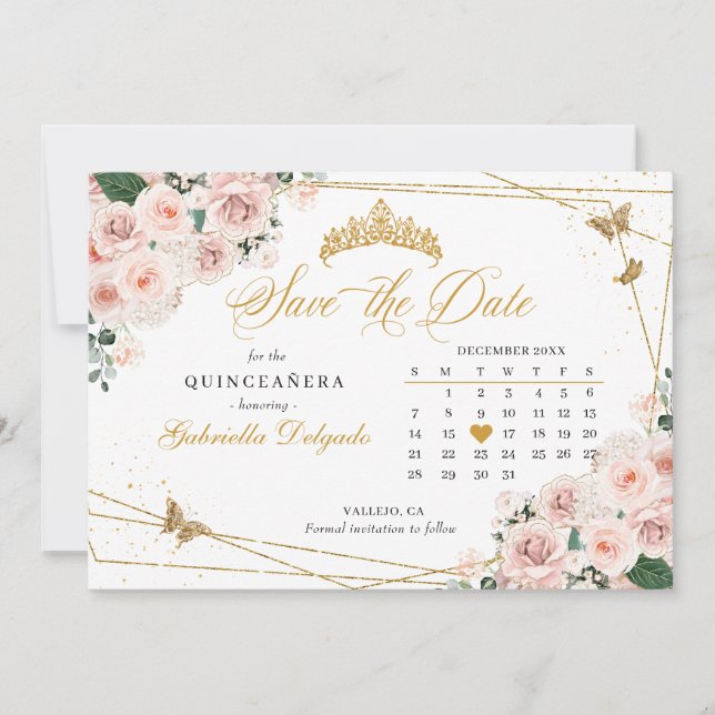 Blush Pink & Gold Quinceñera Save the Date Einladung (Vorderseite)