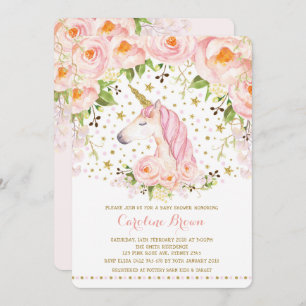Blush Pink Gold Rose Bloral Unicorn Kinderdusche Einladung