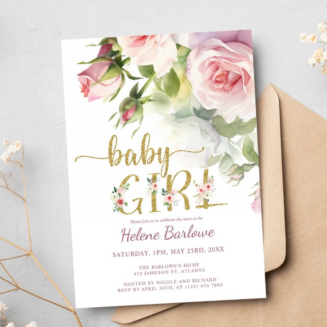 Blush Pink Gold Rose Floral Boho Girl Babydusche Einladung (Blush Pink Gold Rose Floral Boho Girl Baby Shower Invitation)
