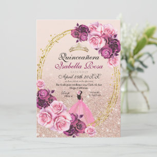 Blush Pink Gold Rose Floral Quinceanera XV Años Einladung