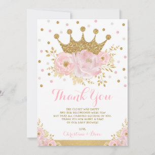 Blush Pink Gold Royal Princess Crown Baby Girl Dankeskarte