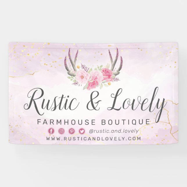 Blush Pink Gold Rustikale Flora Antler Social Medi Banner (Horizontal)