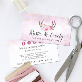 Blush Pink Gold Rustikale Flora Antler Social Medi Visitenkarte