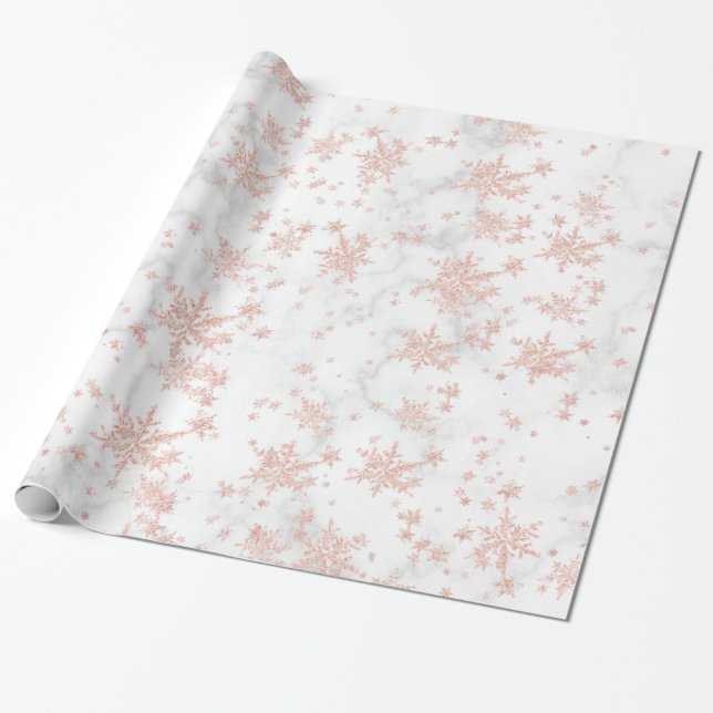Blush Pink Gold Schneeflocken Weißer Marmor Geschenkpapier (Ungerollt)