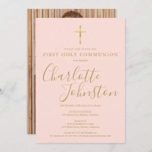 Blush Pink Gold Script Erste Heilige Kommunion Fot Einladung