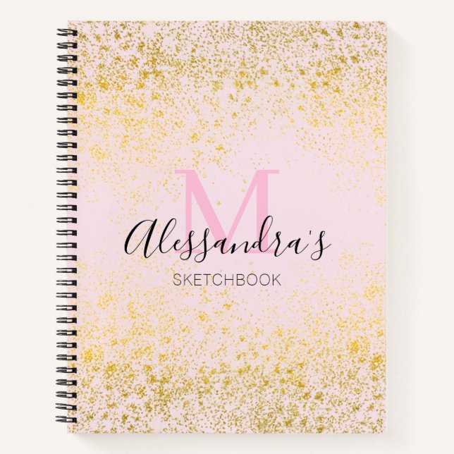 Blush Pink & Gold Sparkline Monogram Name Sketchbo Notizbuch (Vorderseite)