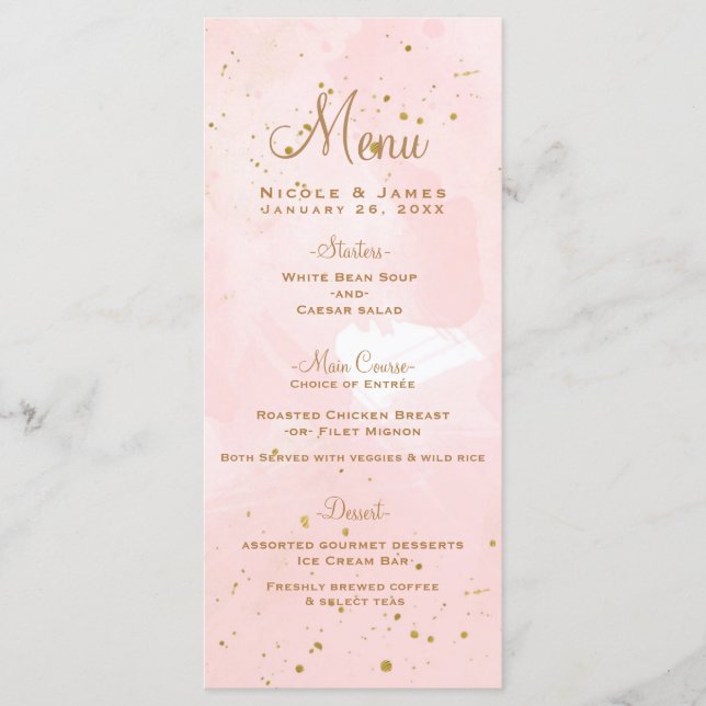 Blush Pink & Gold Spritzer Modernes Hochzeitsmenü Menükarte (Vorderseite)