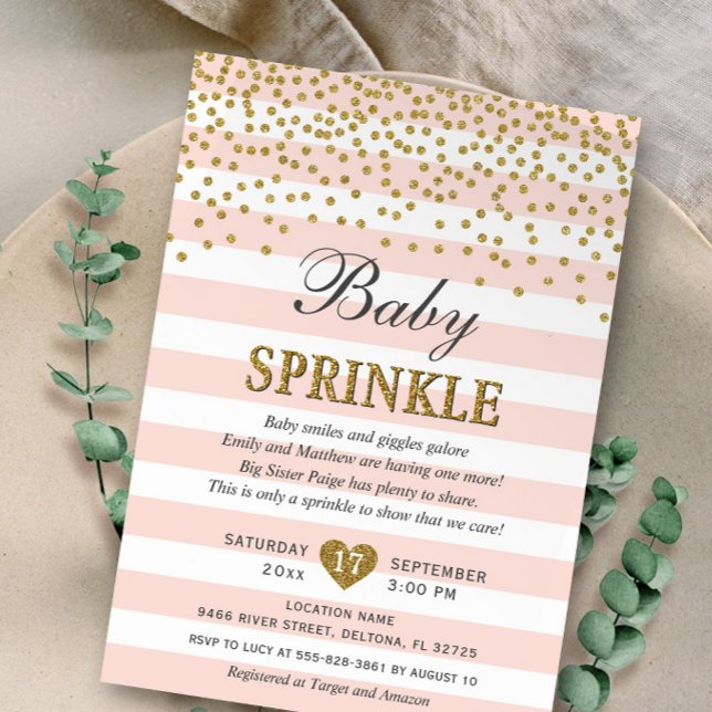 Blush Pink Gold Streifen Confetti Baby Girl Sprink Einladung (Von Creator hochgeladen)
