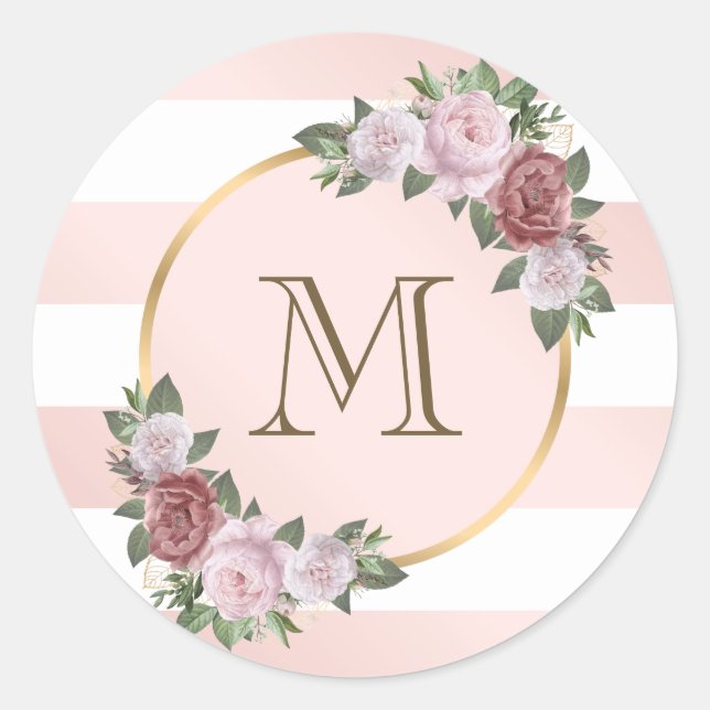 Blush Pink Gold Streifen Floral Monogramm Runder Aufkleber (Vorderseite)