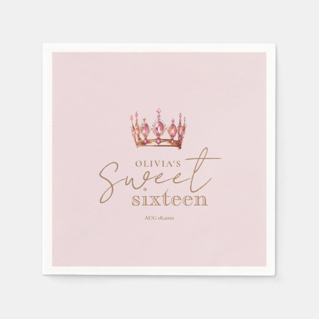 Blush Pink & Gold Sweet 16 Crown Paper Napkin Serviette (Vorderseite)