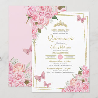 Blush Pink Gold Tiara Floral Butterfly Quinceanera Einladung