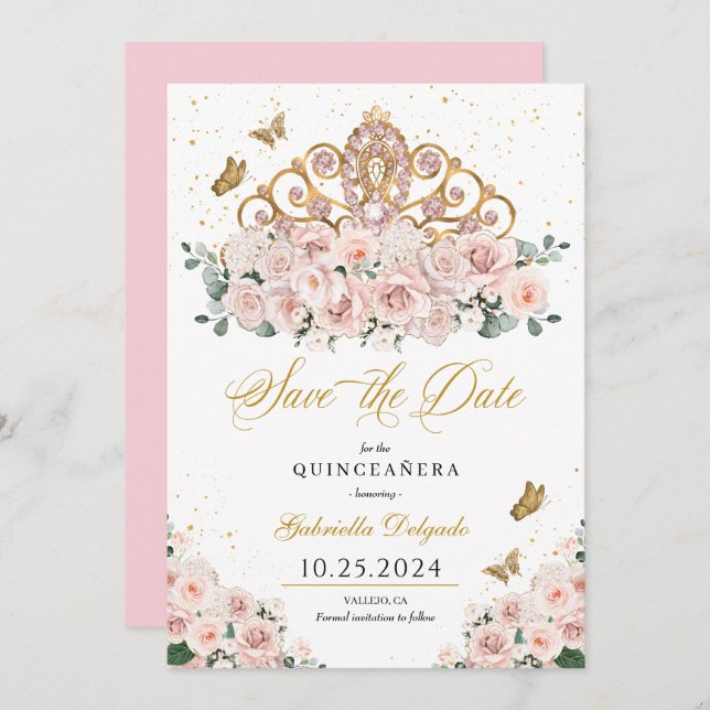 Blush Pink & Gold Tiara Save the Date Quinceañera Einladung (Vorne/Hinten)