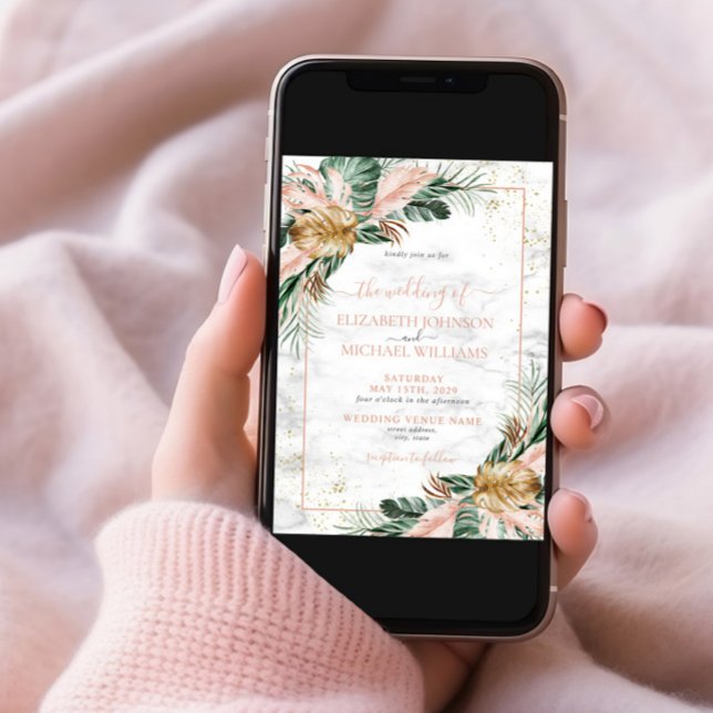 Blush Pink Gold Tropical Boho Chic Foto Hochzeit Einladung (Von Creator hochgeladen)