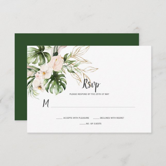 Blush Pink Gold Tropical Watercolor Blumenzehen RSVP Karte (Vorne/Hinten)