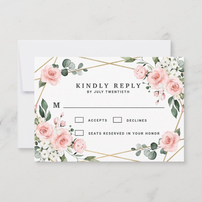 Blush Pink Gold und Weiße Blumengrün Hochzeit RSVP Karte (Vorderseite)