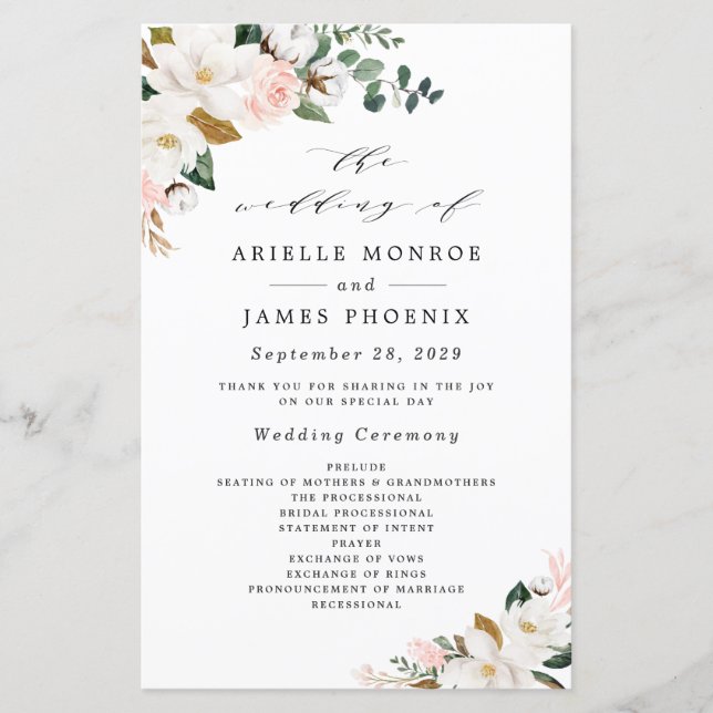Blush Pink Gold und White Floral Hochzeitsprogramm (Vorderseite)