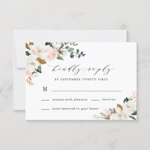 Blush Pink Gold und White Magnolia Bloral Wedding RSVP Karte