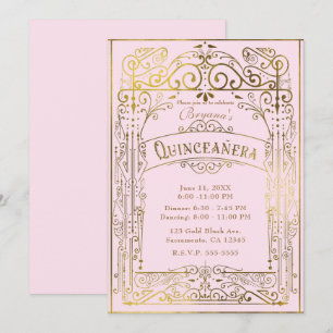 Blush Pink Gold Vintage Victorian Deco Quinceañera Einladung