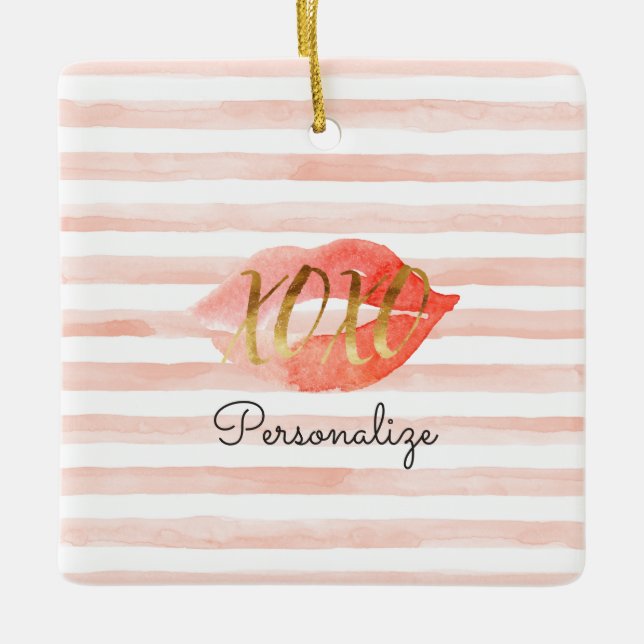 Blush Pink Gold XOXO Wasserfarbe Kuss Personalisie Keramikornament (Vorderseite)