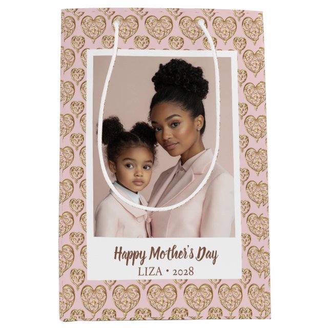 Blush Pink Golden Hearts Mother Day Mittlere Geschenktüte (Vorderseite)