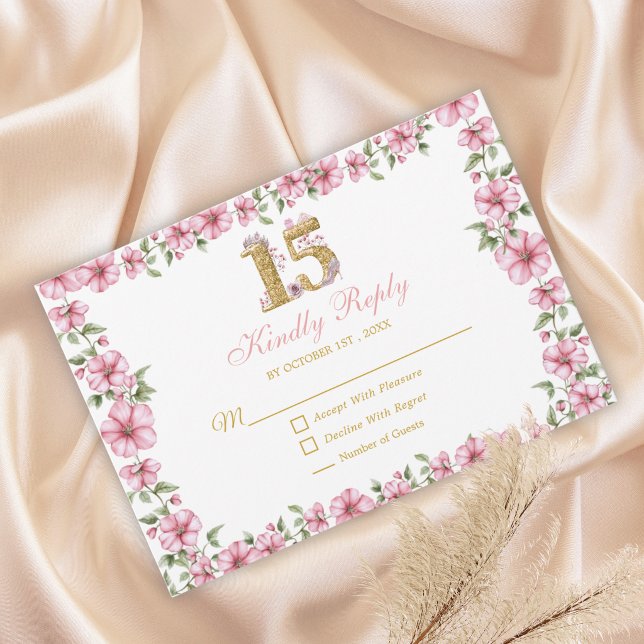 Blush Pink Golden Mis Quince Glitter Quinceañera RSVP Karte (Von Creator hochgeladen)