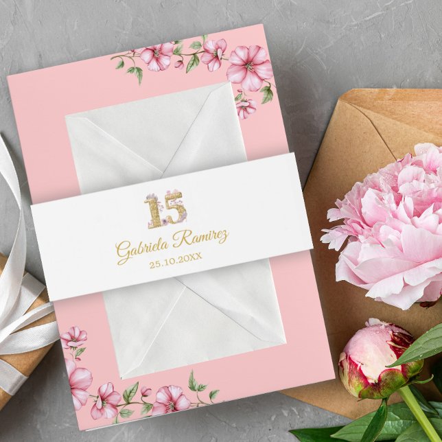 Blush Pink Golden Mis Quince Quinceañera Einladungsbanderole (Von Creator hochgeladen)