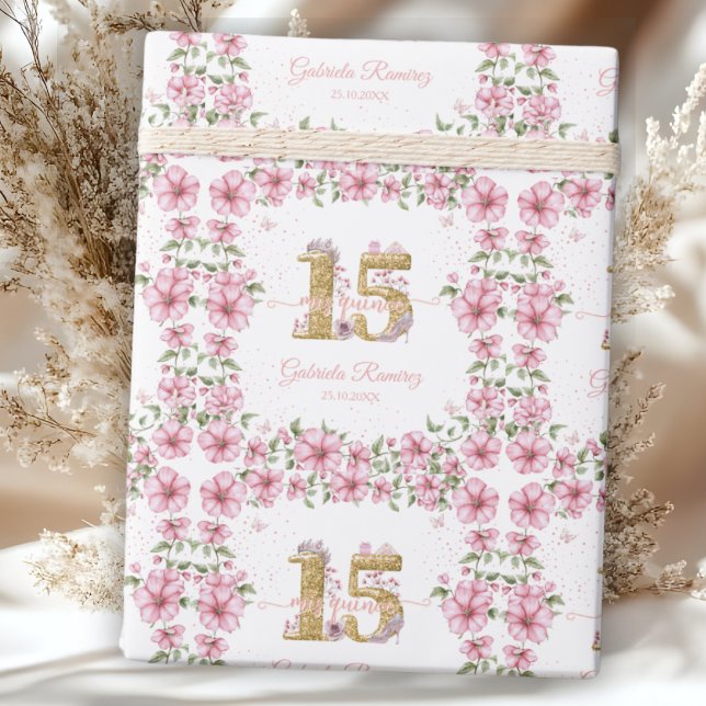 Blush Pink Golden Mis Quince Quinceañera  Geschenkpapier (Von Creator hochgeladen)