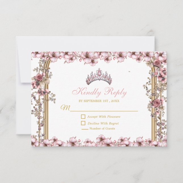 Blush Pink Golden Tiara Floral Quinceañera RSVP Karte (Vorderseite)