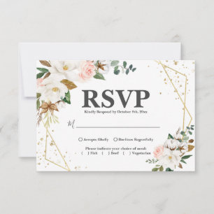 Blush Pink Goldene Geometrie und Weiße Magnolienfl RSVP Karte