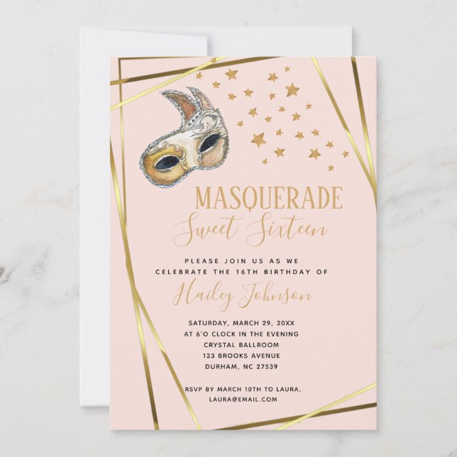 Blush Pink & Goldmasquerade Geburtstagsparty Ankündigung (Vorderseite)