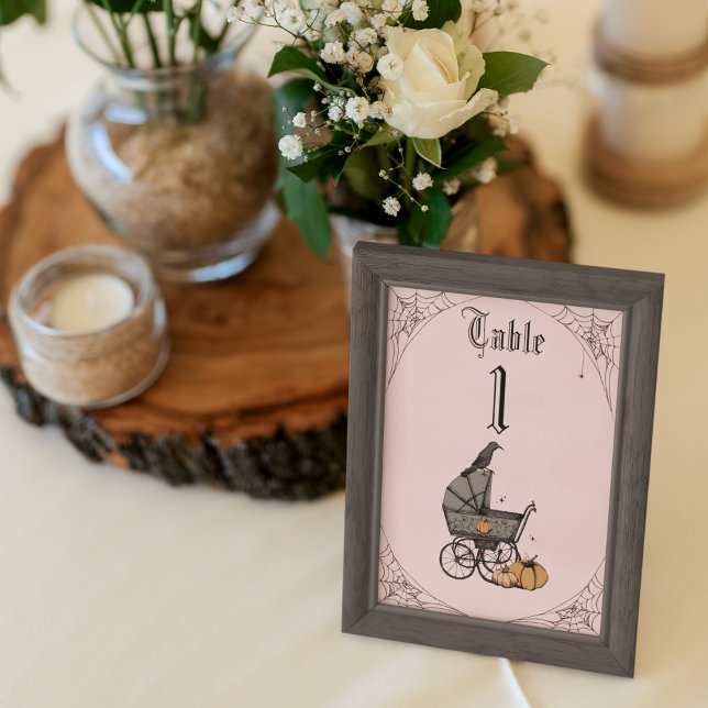 Blush Pink Gothic Baby Dusche Tischnummer (Blush Pink Gothic Baby Shower Table Number. Victorian Baby Carriage Hand-Drawn in Black Ink. )