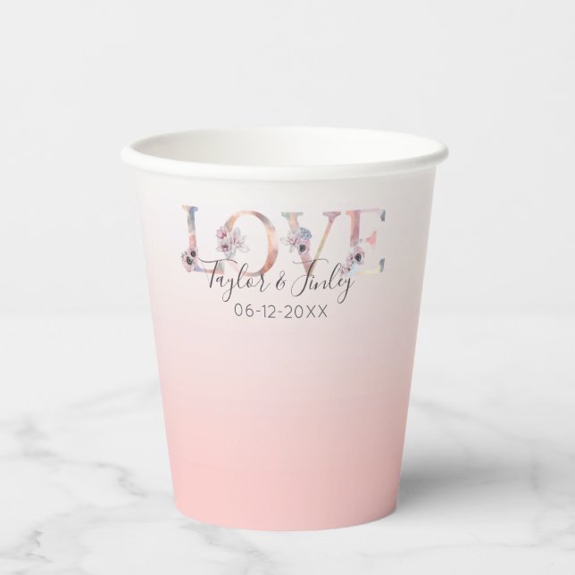 Blush Pink Gradient Elegante Liebe Hochzeit Pappbecher (Vorderseite)