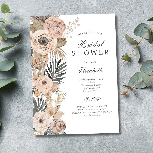 Blush Pink Grau Beige Boho Brautparty Einladung (Blush Pink Beige Gray Floral Botanical Boho Bridal Shower Invitation. Printed and  Digital download)