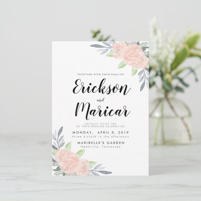 Blush Pink & Grau Bloral | Einladung zur Hochzeit (Stehend Vorderseite)