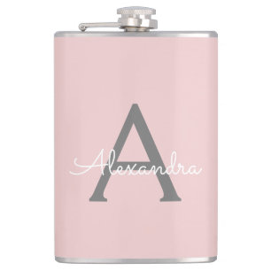 Blush Pink Grau Modern Script Girl Monogram Name Flachmann