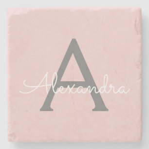 Blush Pink Grau Modern Script Girl Monogram Name Steinuntersetzer