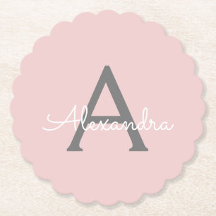 Blush Pink Grau Modern Script Girl Monogram Name Untersetzer