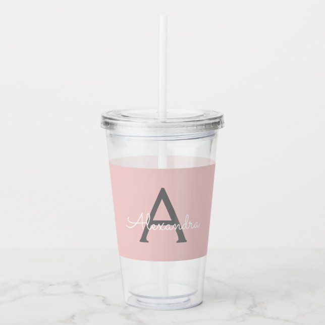 Blush Pink Grau Modernes Script Girly Monogram Nam Acryltrinkbecher (Vorderseite)