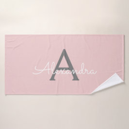 Blush Pink Grau Modernes Script Girly Monogram Nam Badehandtuch