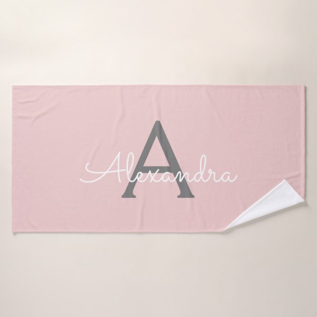 Blush Pink Grau Modernes Script Girly Monogram Nam Badehandtuch (Badehandtuch)