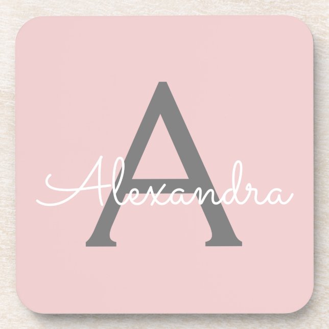 Blush Pink Grau Modernes Script Girly Monogram Nam Getränkeuntersetzer (Vorderseite)