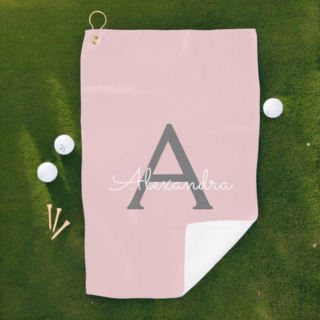 Blush Pink Grau Modernes Script Girly Monogram Nam Golfhandtuch (Von Creator hochgeladen)
