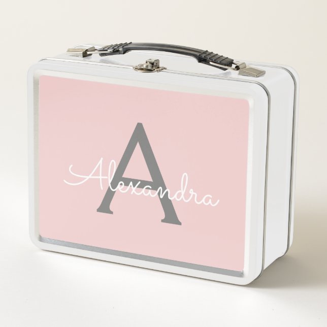 Blush Pink Grau Modernes Script Girly Monogram Nam Metall Brotdose (Vorderseite)