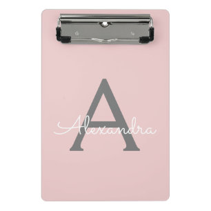 Blush Pink Grau Modernes Script Girly Monogram Nam Mini Klemmbrett