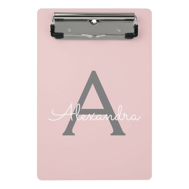 Blush Pink Grau Modernes Script Girly Monogram Nam Mini Klemmbrett (Vorderseite)