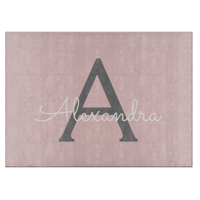 Blush Pink Grau Modernes Script Girly Monogram Nam Schneidebrett (Vorderseite)